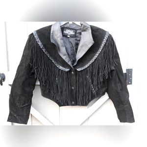 Gorgeous Vintage Leather Gallery Cropped Leather Black Fringe Jacket Size Large